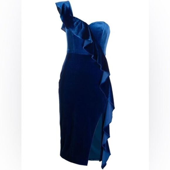 NWT Aidan Mattox Velvet One-Shoulder Ruffle Sheath Dress in Deep Ocean size 10 - Picture 2 of 16